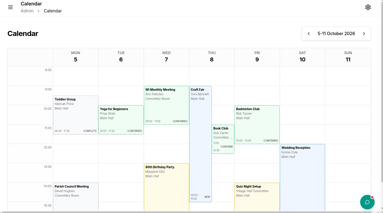 The CozyHalls calendar showing a week of hall bookings, colour-coded by status, across the main hall and committee room.