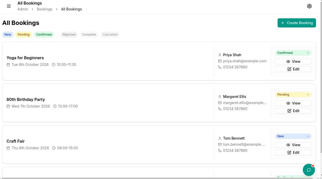 The bookings list: each request with its date, times, contact details and a status such as New, Pending or Confirmed.